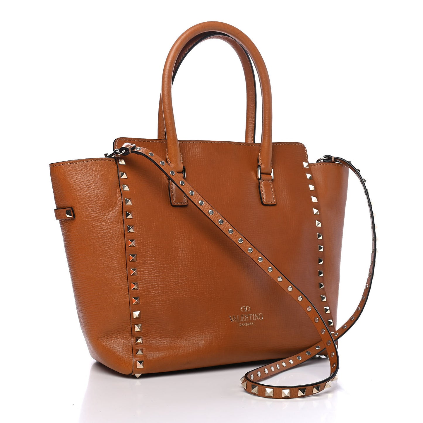 Textured Calfskin Rockstud Double Handle Tote Tan