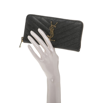 Saint Laurent Grain De Poudre Matelasse Chevron Monogram Zip Around Wallet Black 2 of 6