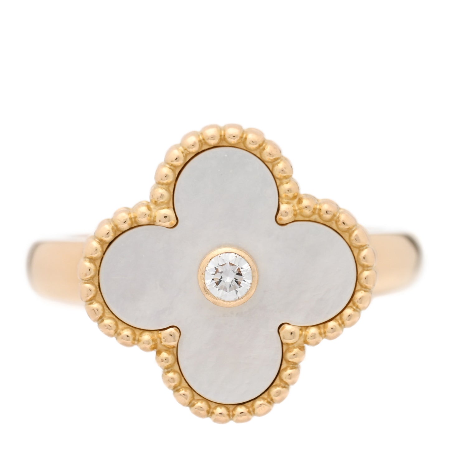 18K Yellow Gold Diamond Mother of Pearl Vintage Alhambra Ring 53 6.25