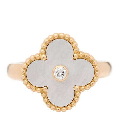 Van Cleef & Arpels 18K Yellow Gold Diamond Mother of Pearl Vintage Alhambra Ring 53 6.25 1 of 5