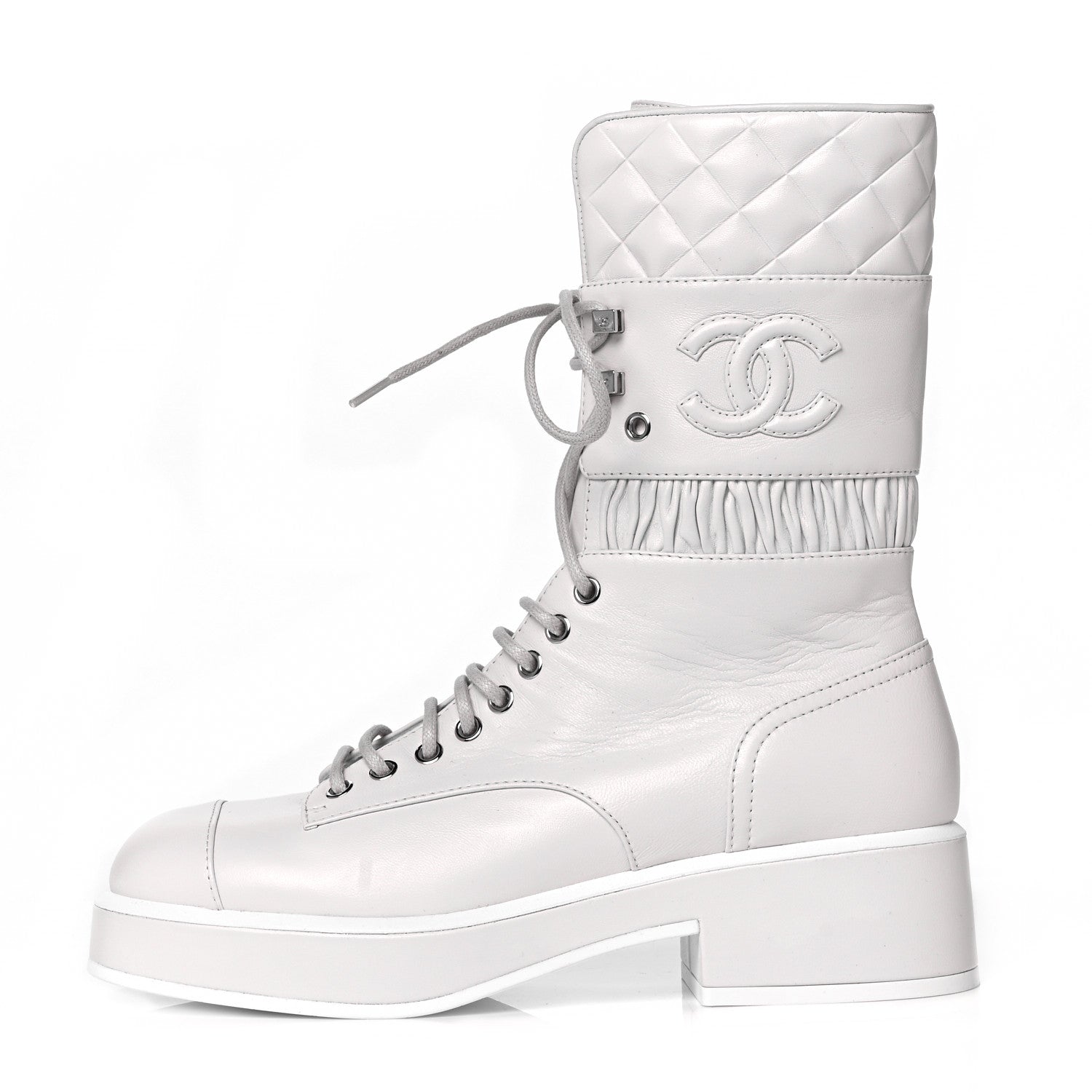 Chanel Lambskin Quilted Lace Up Combat Boots 38 White 1 of 7