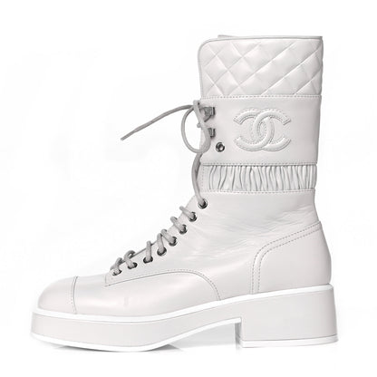 Chanel Lambskin Quilted Lace Up Combat Boots 38 White 1 of 7