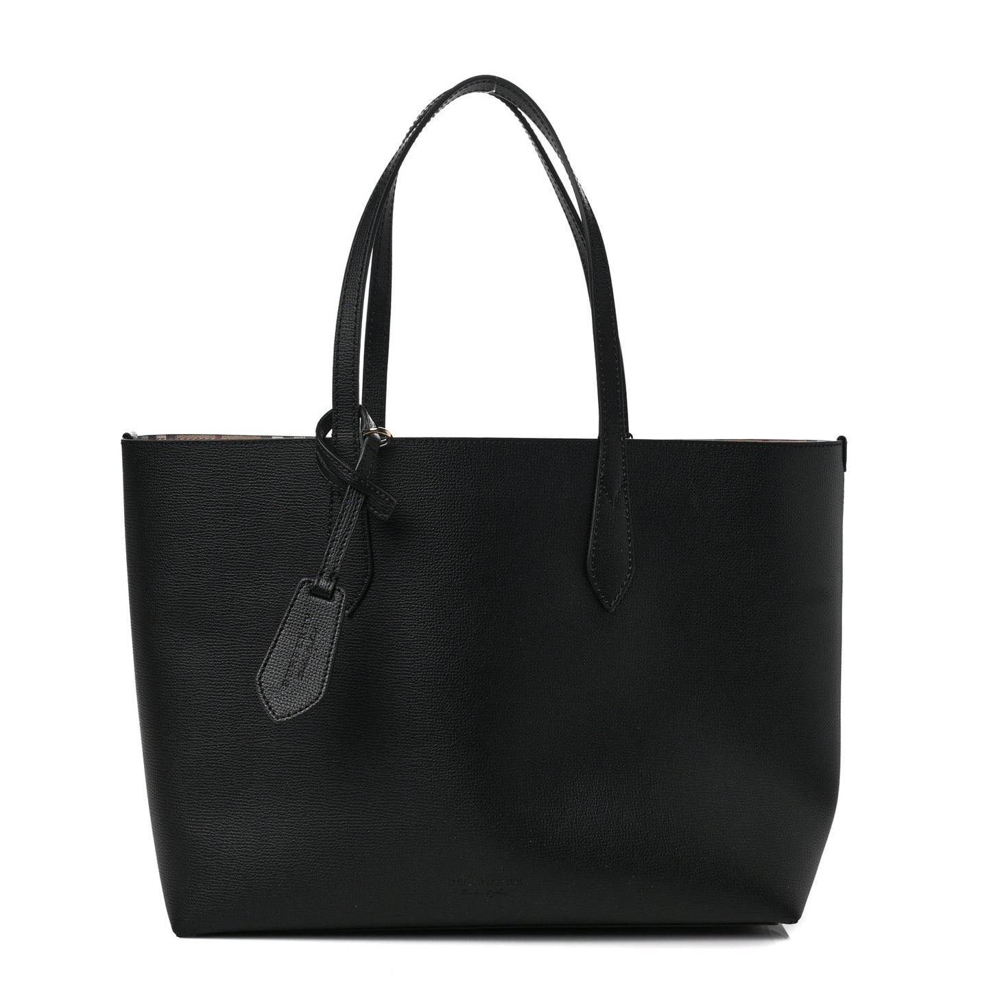 Grainy Calfskin Haymarket Check Medium Reversible Tote Black
