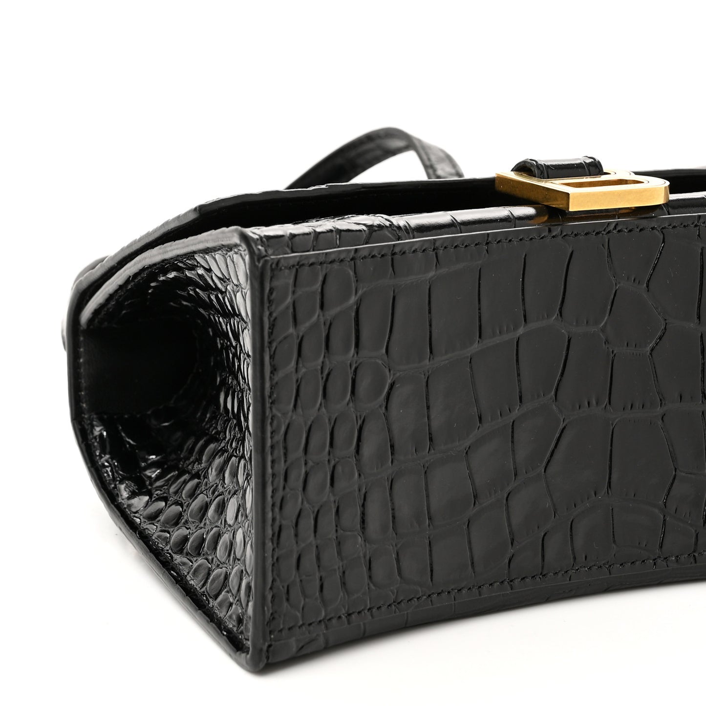 Shiny Calfskin Crocodile Embossed Small Hourglass Top Handle Bag Black
