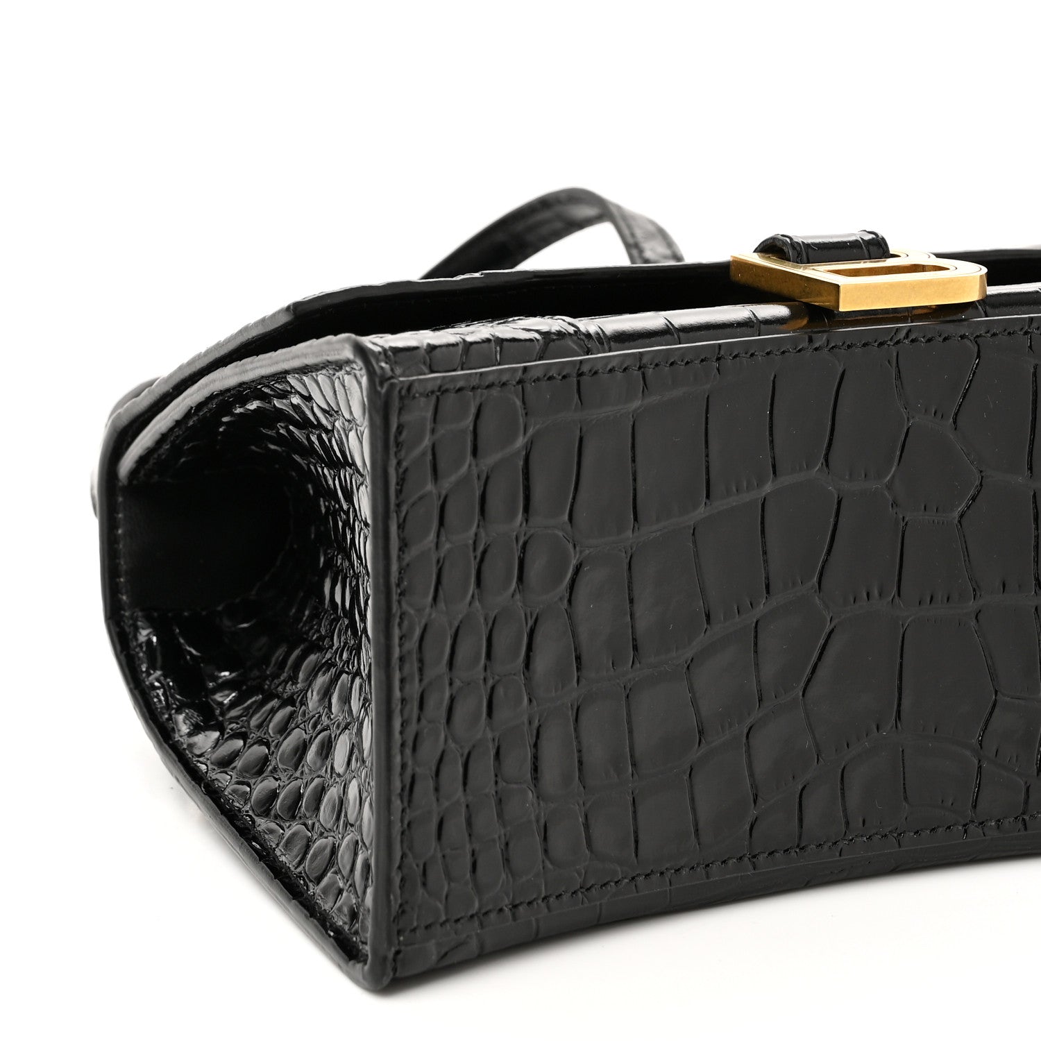 Balenciaga Shiny Calfskin Crocodile Embossed Small Hourglass Top Handle Bag Black 7 of 8