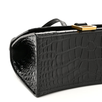 Balenciaga Shiny Calfskin Crocodile Embossed Small Hourglass Top Handle Bag Black 7 of 8