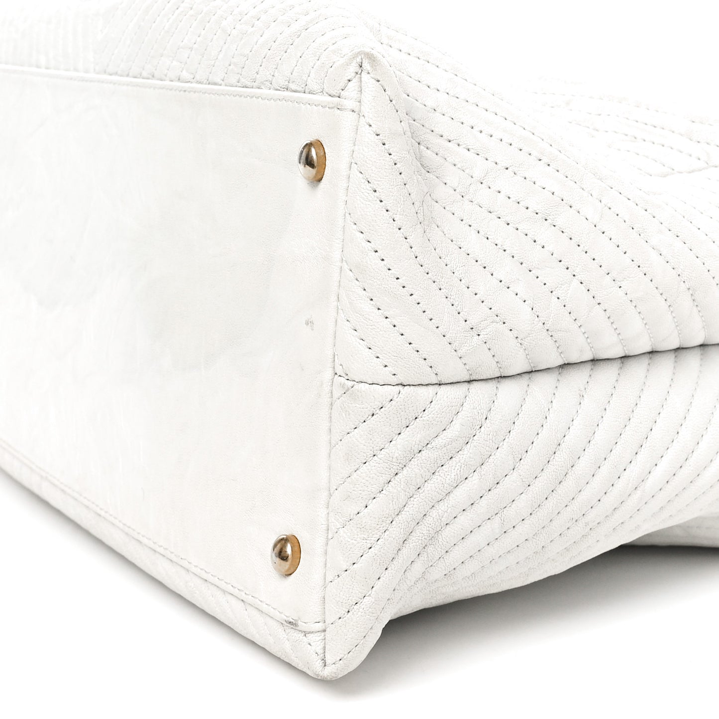 Wrinkled Lambskin Chevron Quilted Surpique Tote White