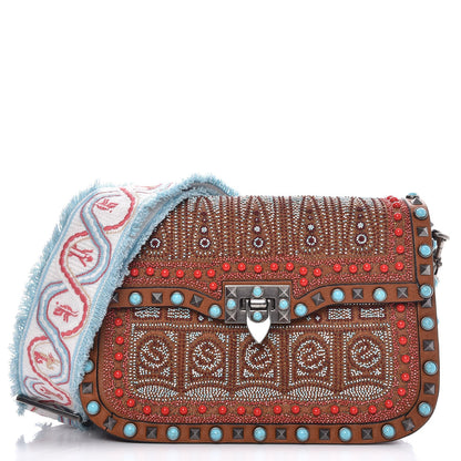 Valentino Garavani Calfskin Embroidered Medium Guitar Strap Rockstud Rolling Flap Saddle Bag Light Cuir 1 of 9
