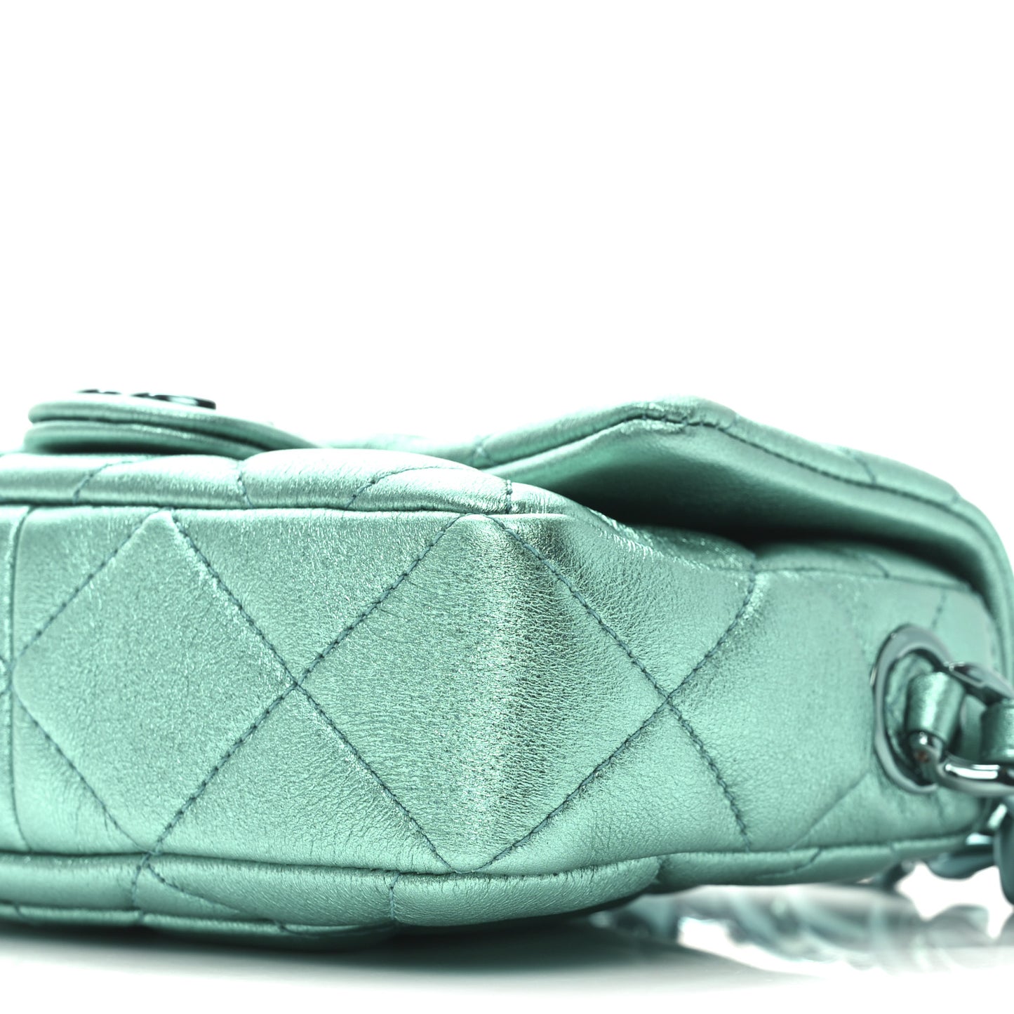 Metallic Lambskin Quilted Mini Lacquered Chain Flap Turquoise