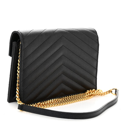 Saint Laurent Grain De Poudre Matelasse Chevron Monogram Envelope Chain Wallet Black 3 of 11