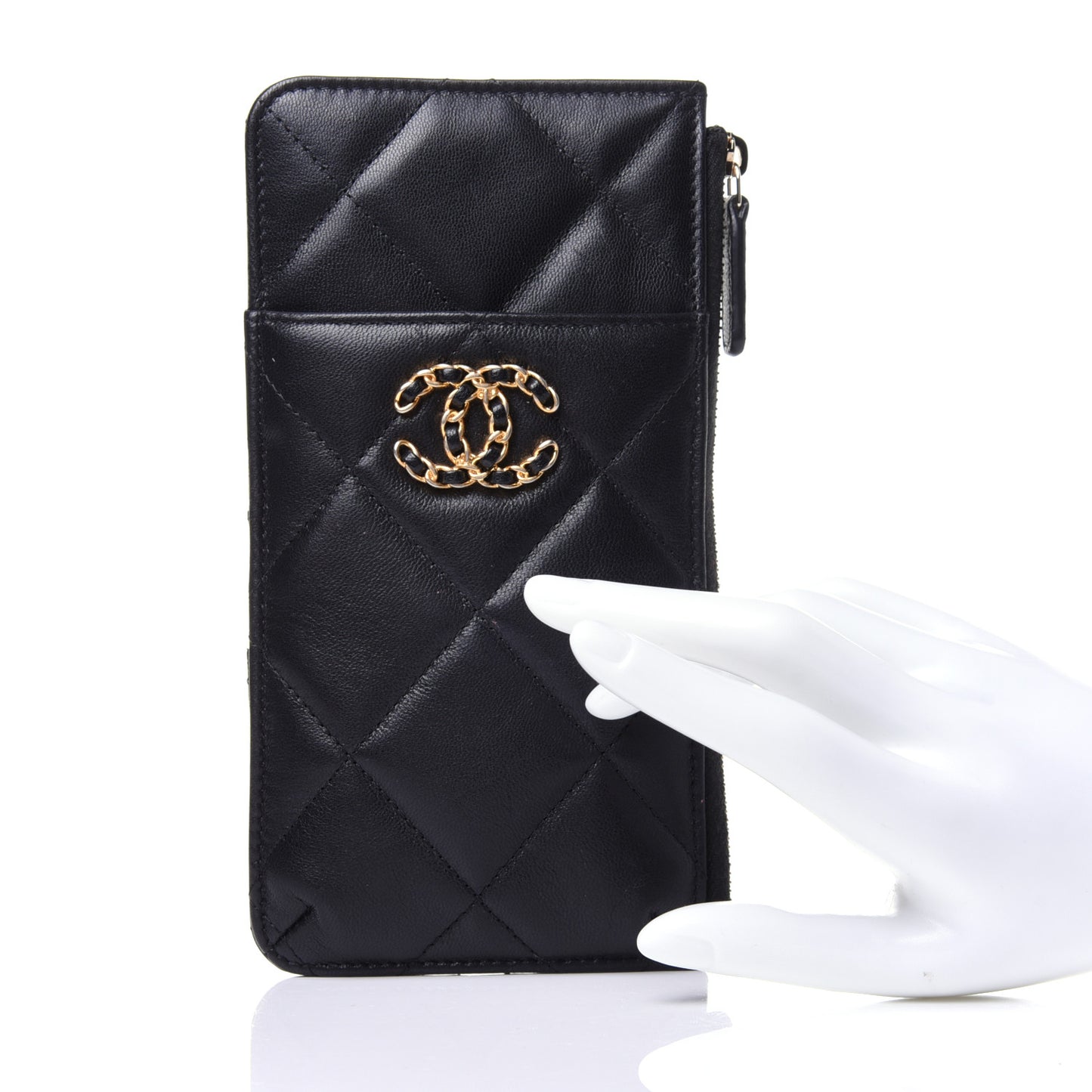 Goatskin Quilted Chanel 19 Flat Wallet Pouch Black
