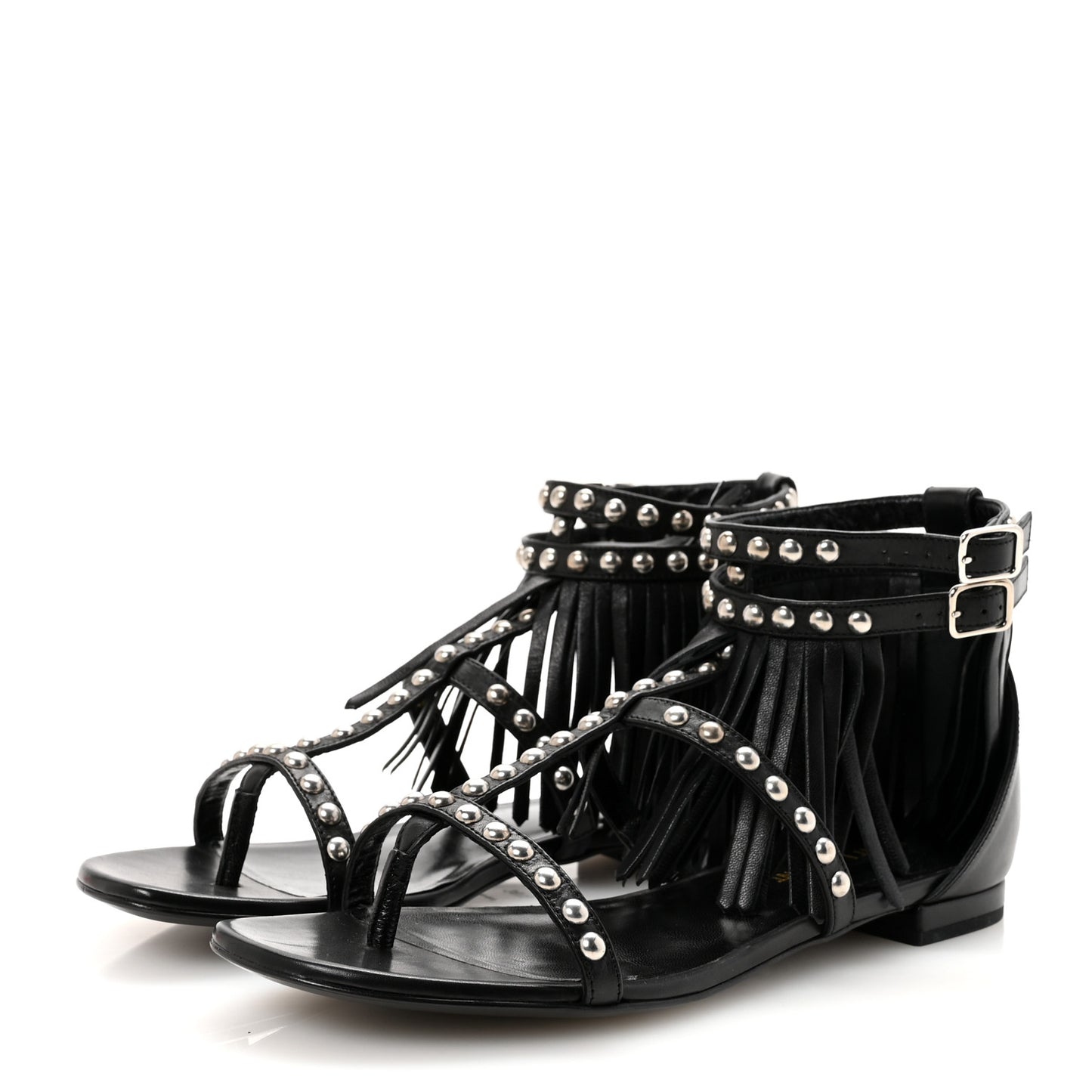 Calfskin Studded Fringe Cyuko Sandals 36.5 Black