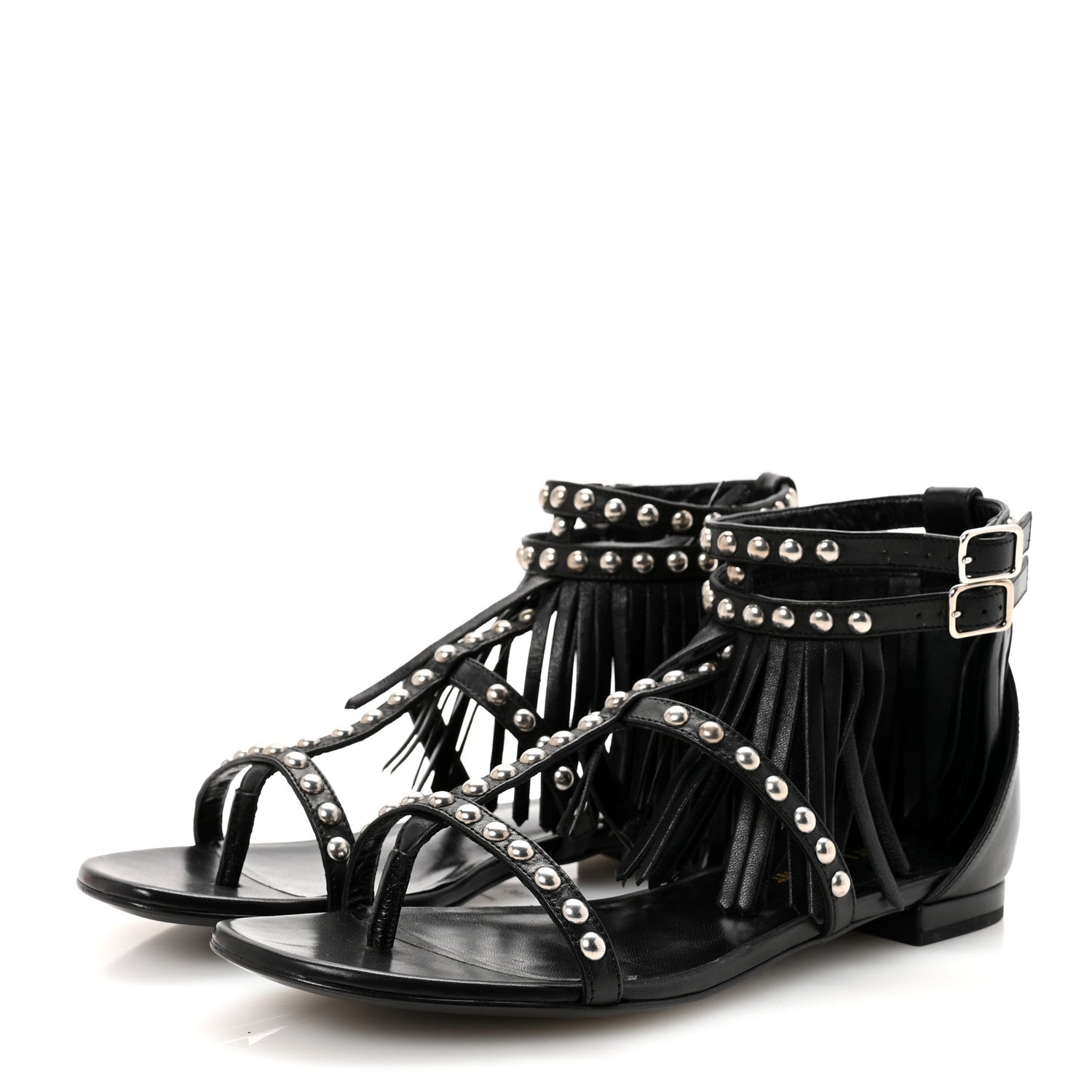 Saint Laurent Calfskin Studded Fringe Cyuko Sandals 36.5 Black 4 of 10