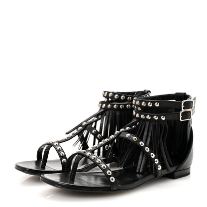 Saint Laurent Calfskin Studded Fringe Cyuko Sandals 36.5 Black 4 of 10