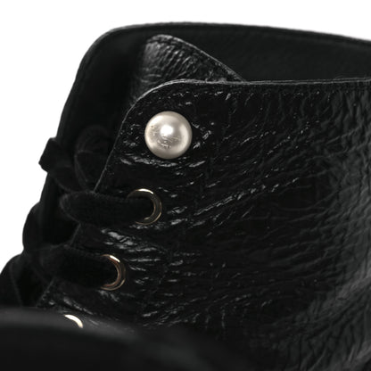 Chanel Shiny Calfskin Velvet Pearl Combat Short Boots 41 Black 14 of 14