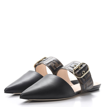 Fendi Vitello FF Embossed Buckle Flat Mules 36.5 Maya Black 3 of 9