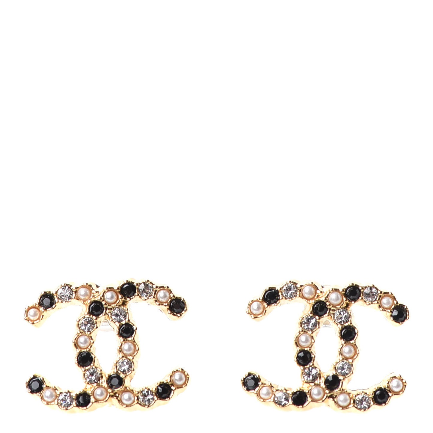 Resin Pearl Crystal CC Earrings Gold Black