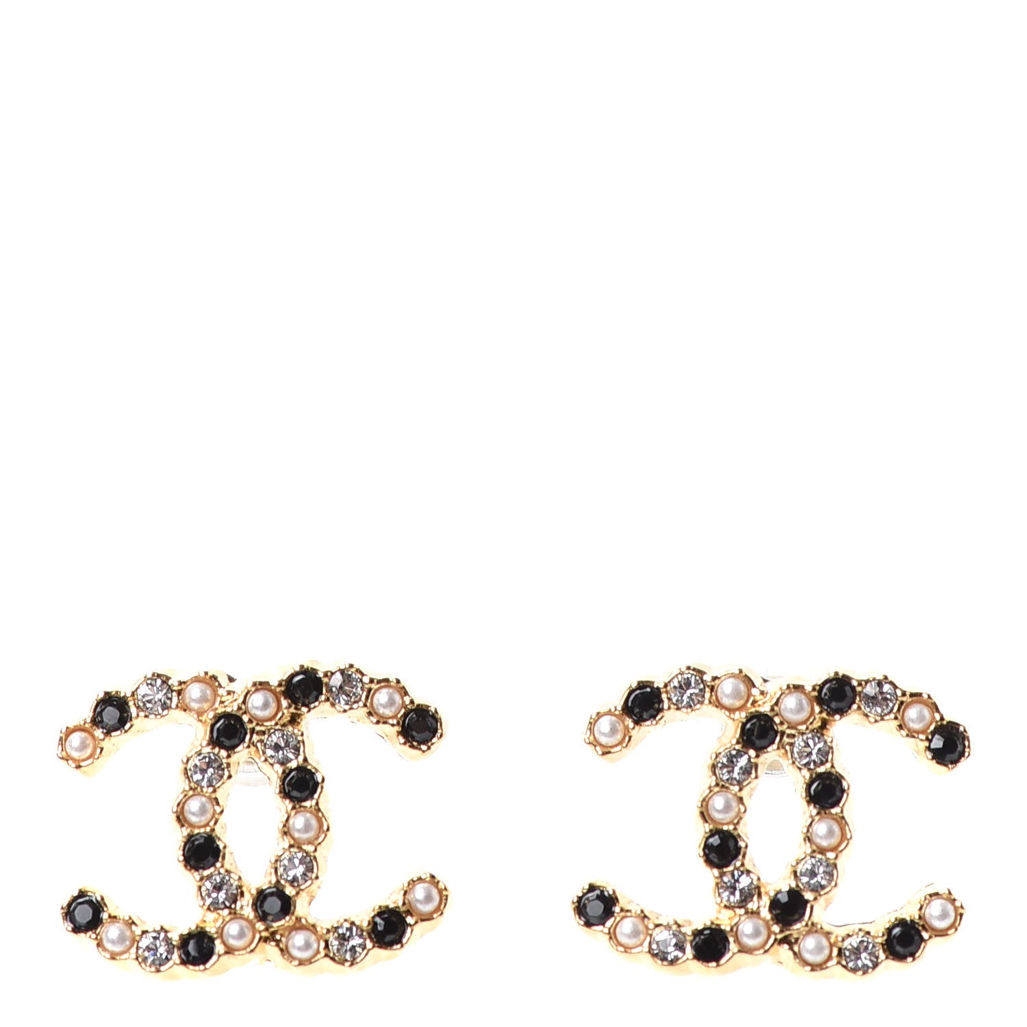 Chanel Resin Pearl Crystal CC Earrings Gold Black 1 of 4