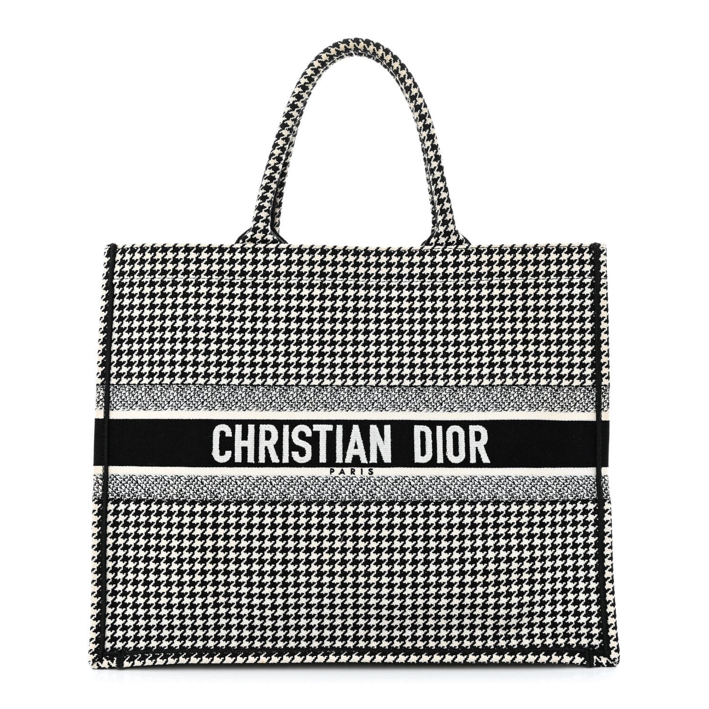 Canvas Houndstooth Embroidered Book Tote Black White