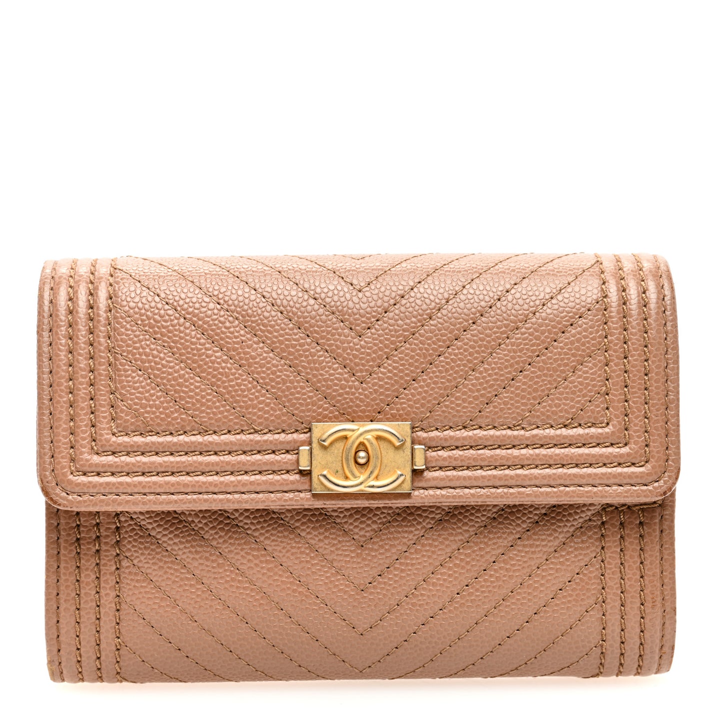 Caviar Chevron Quilted Medium Boy Flap Wallet Dark Beige