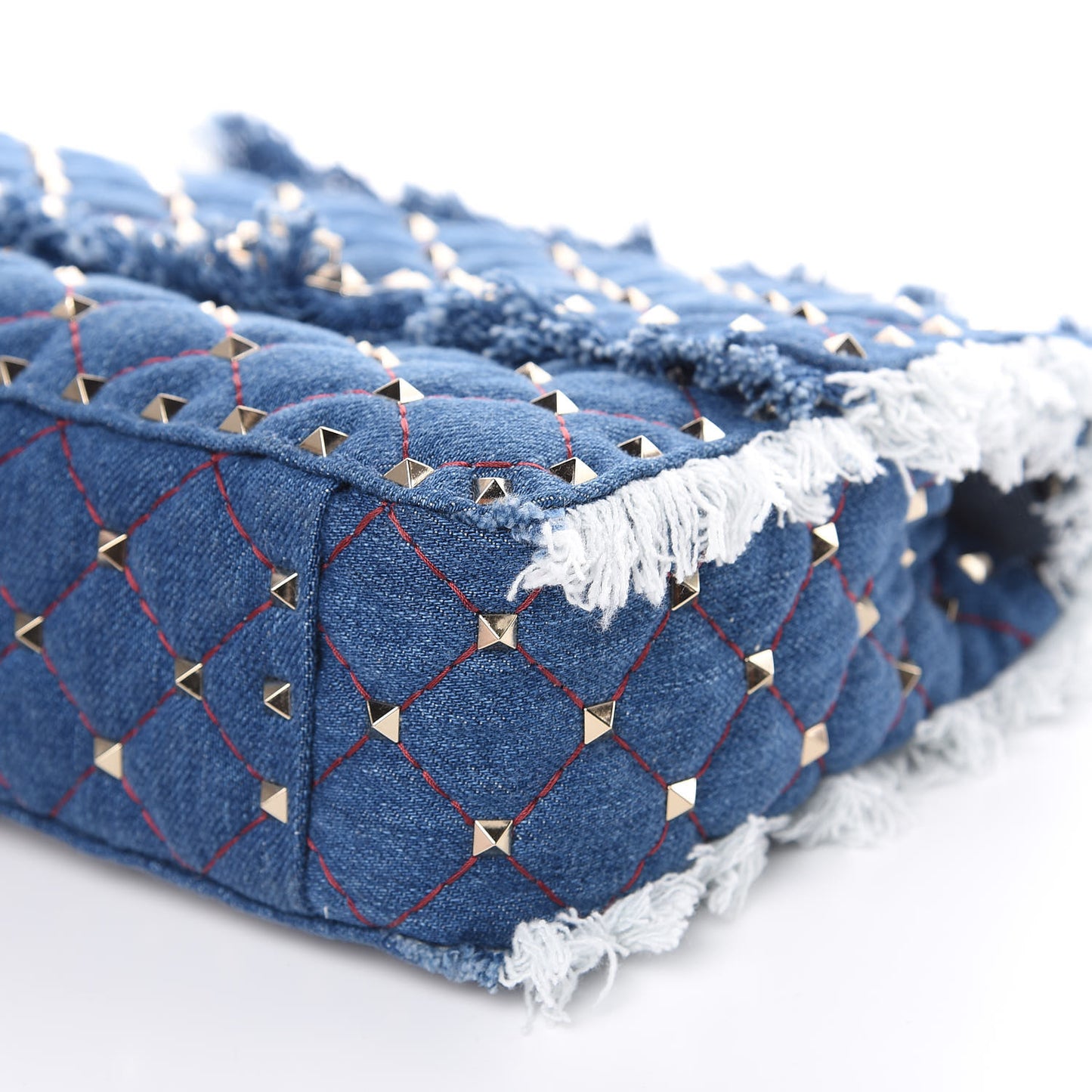 Denim Fringe Medium Rockstud Spike Shoulder Bag Blue
