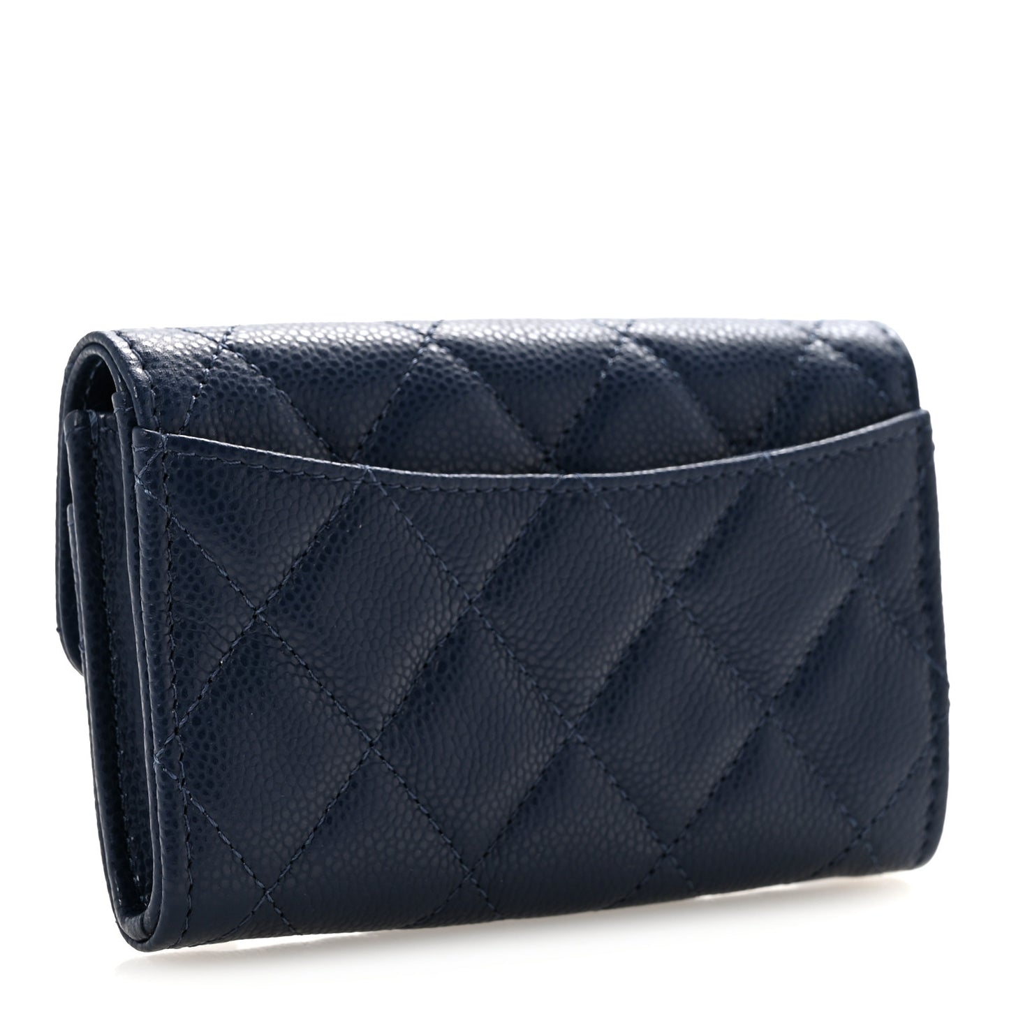 Caviar Quilted Flap Card Holder Wallet Navy Blue