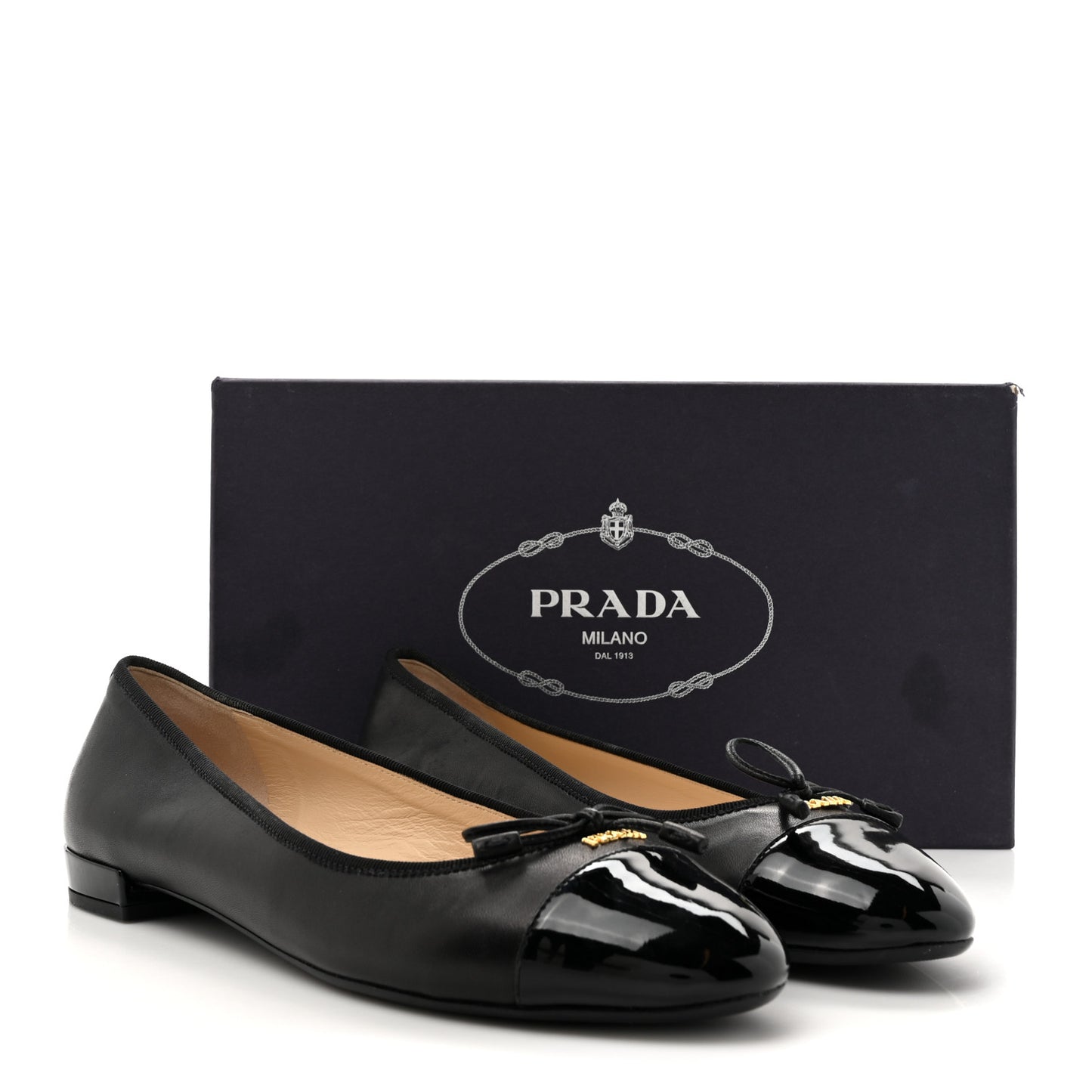 Nappa Vernice Cap Toe Logo Bow Ballerina Flats 40 Black