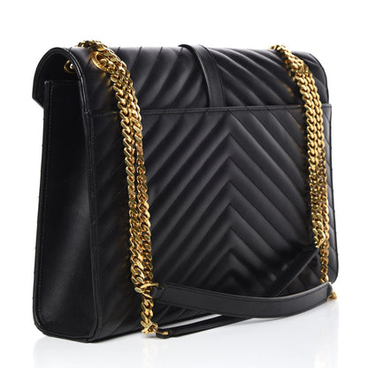 Saint Laurent Smooth Calfskin Matelasse Chevron Large Monogram Satchel Black 3 of 14