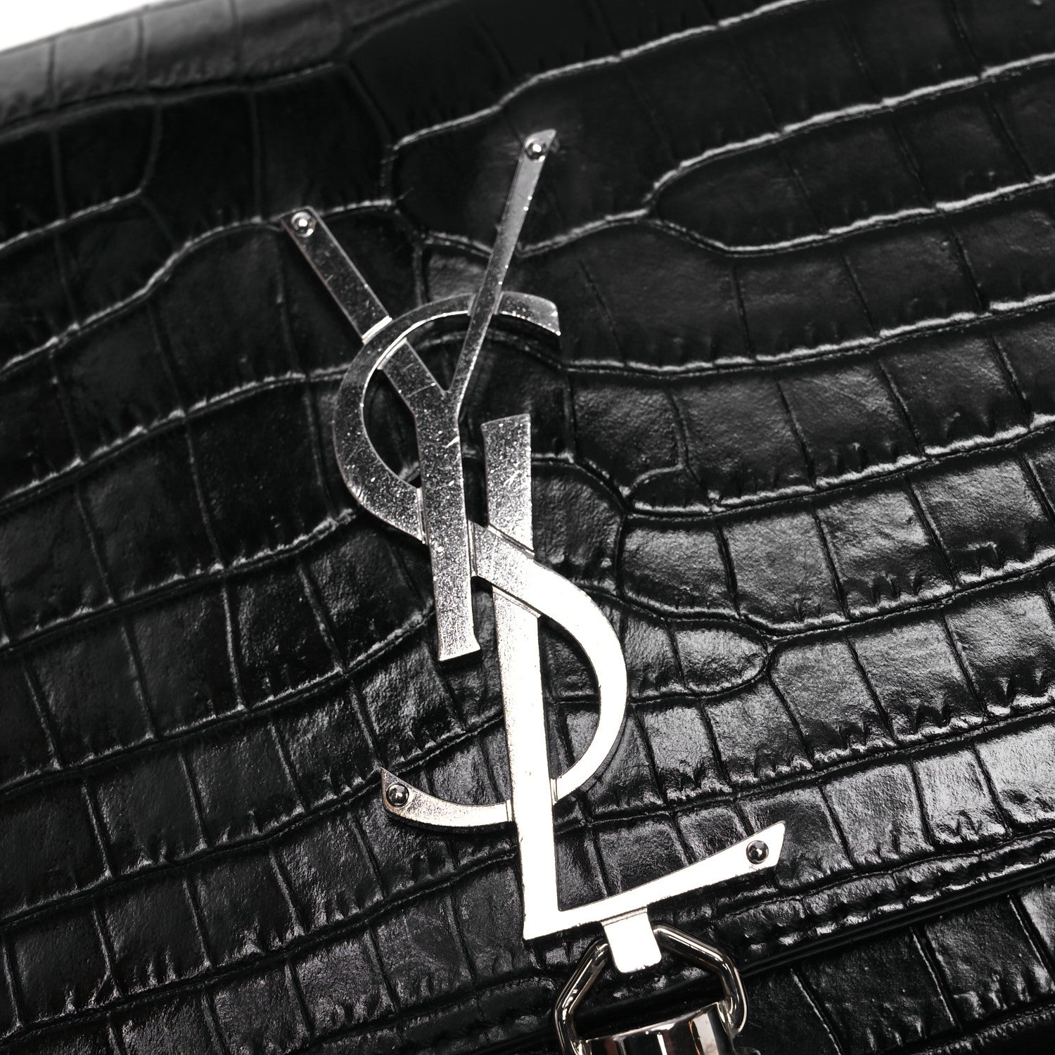 Saint Laurent Calfskin Crocodile Embossed Small Classic Monogram Kate Tassel Satchel Black 11 of 12
