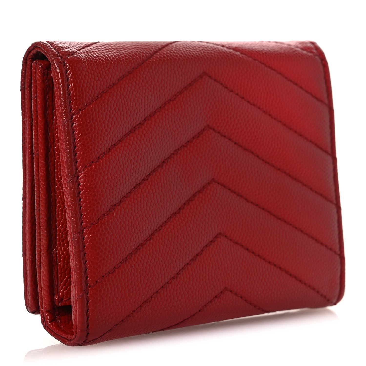 Saint Laurent Grain De Poudre Matelasse Chevron Monogram Compact Wallet Red 3 of 9