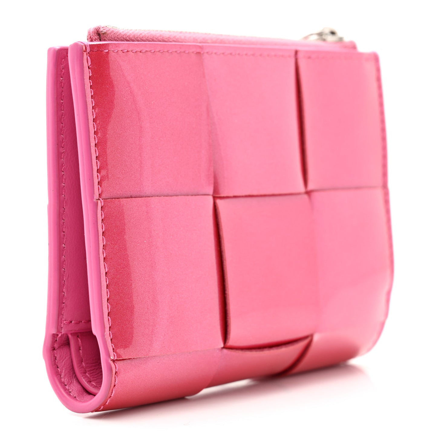Metallic Patent Calfskin Intrecciato Zip Card Holder Pink