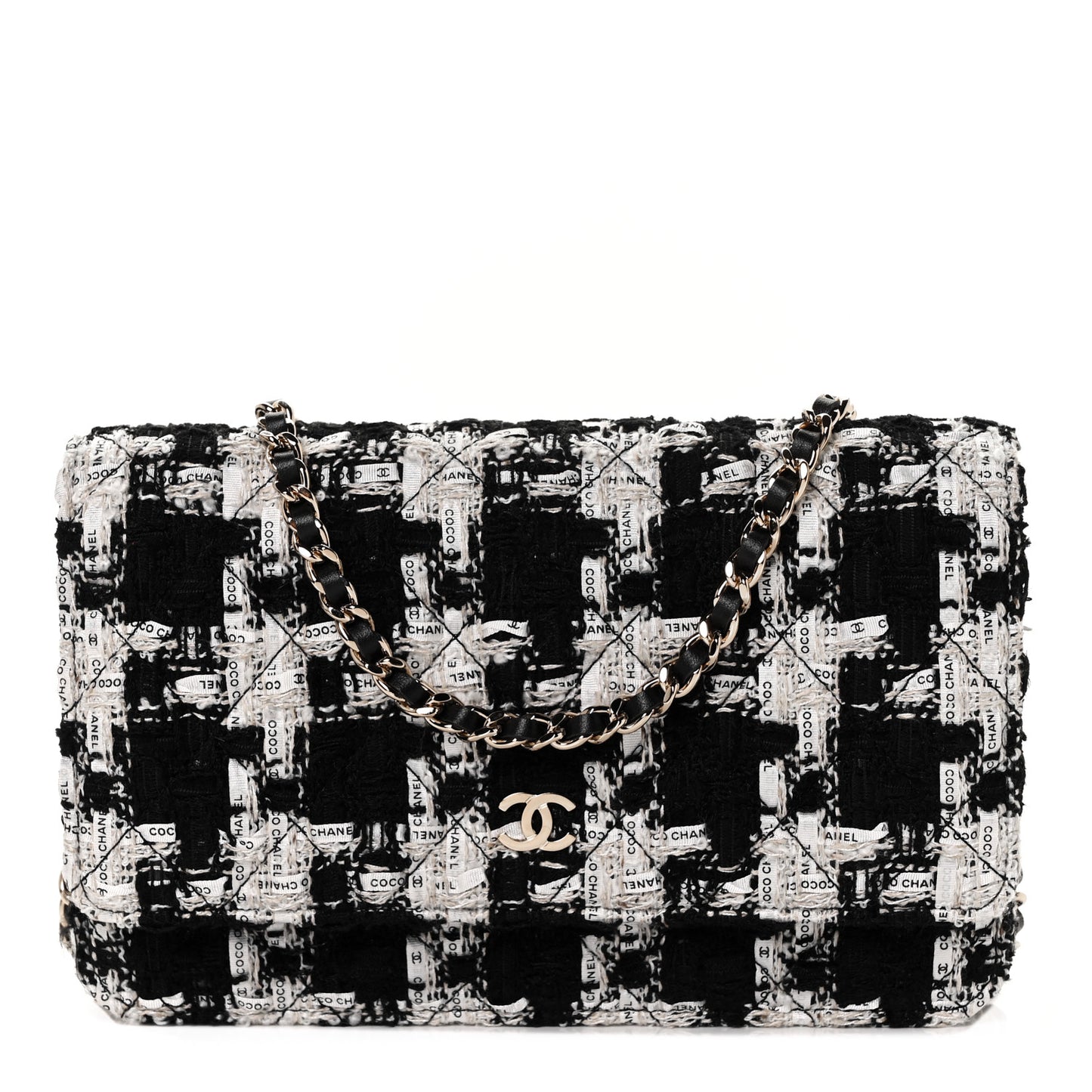 Tweed Quilted Wallet On Chain WOC Black Ecru White