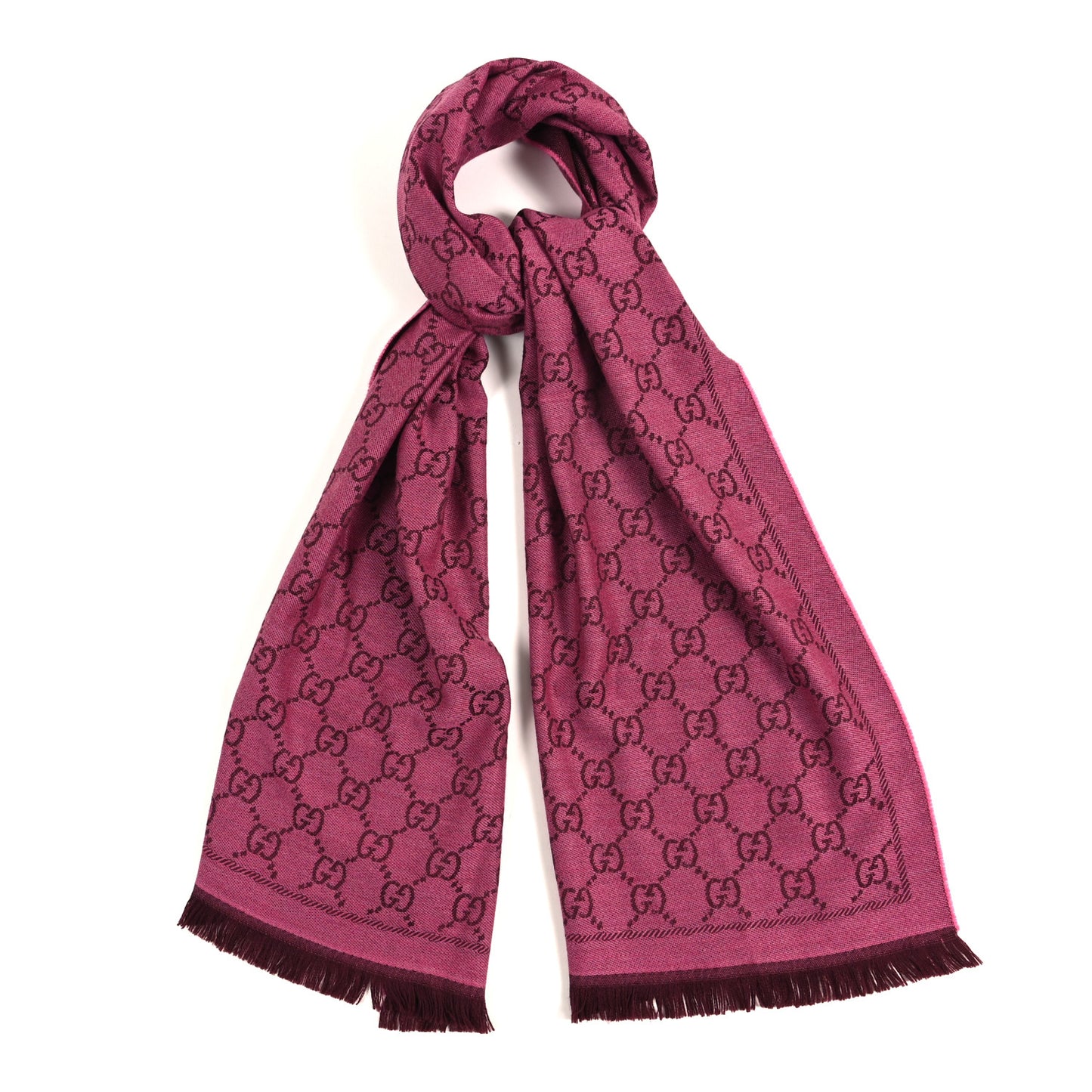 Wool Jacquard GG Monogram Sten Fringe Scarf Magenta Bordeaux