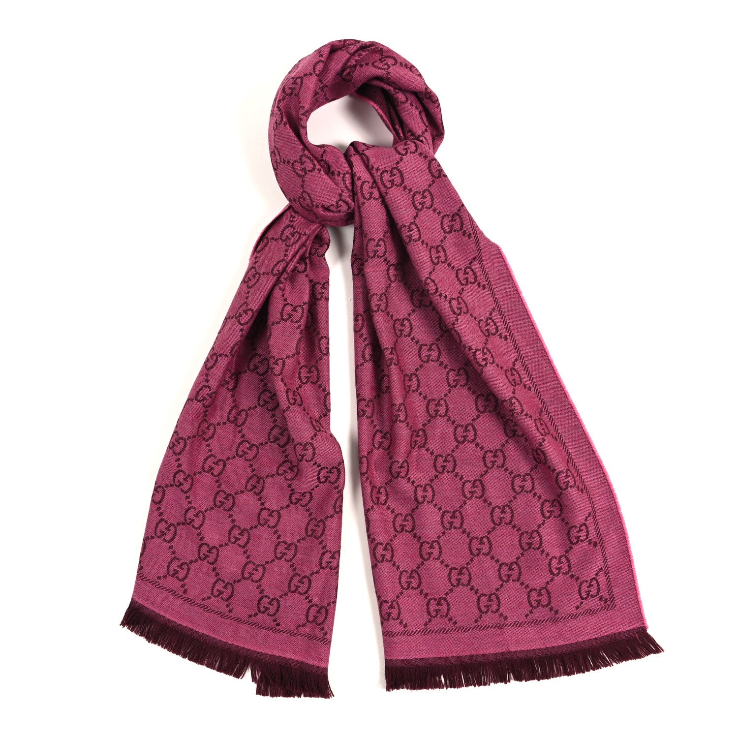 Gucci Wool Jacquard GG Monogram Sten Fringe Scarf Magenta Bordeaux 1 of 3