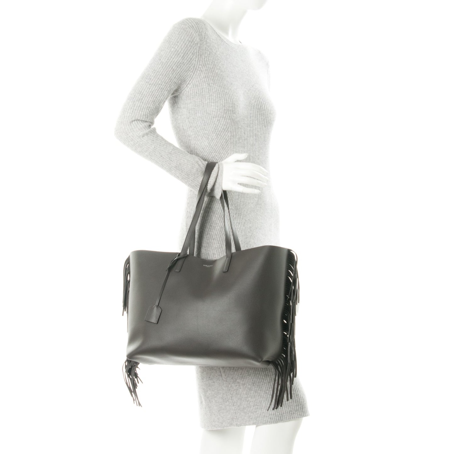 Calfskin Large Fringe Shopping Tote Dark Grey