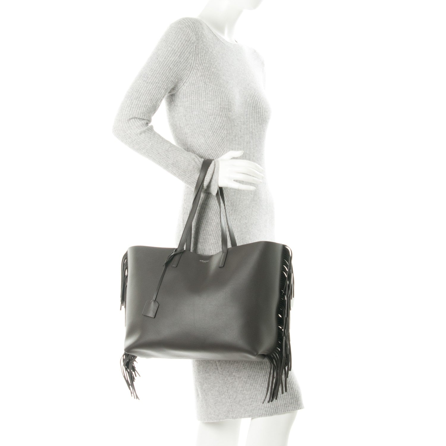 Saint Laurent Calfskin Large Fringe Shopping Tote Dark Grey 2 of 7