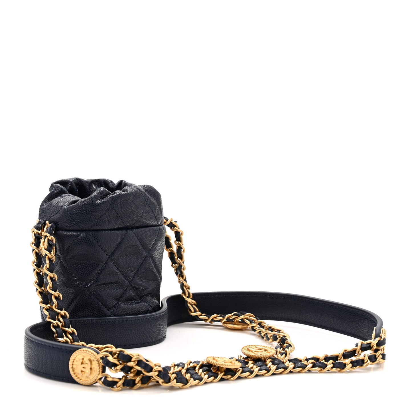 Caviar Quilted Twist Your Buttons Mini Bucket Bag Navy