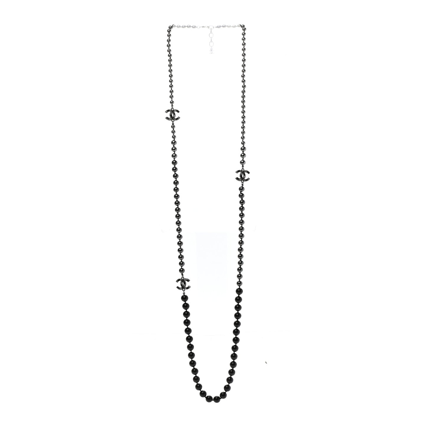 Ruthenium Crystal Baguette Pearl Beaded CC Long Necklace Black Grey