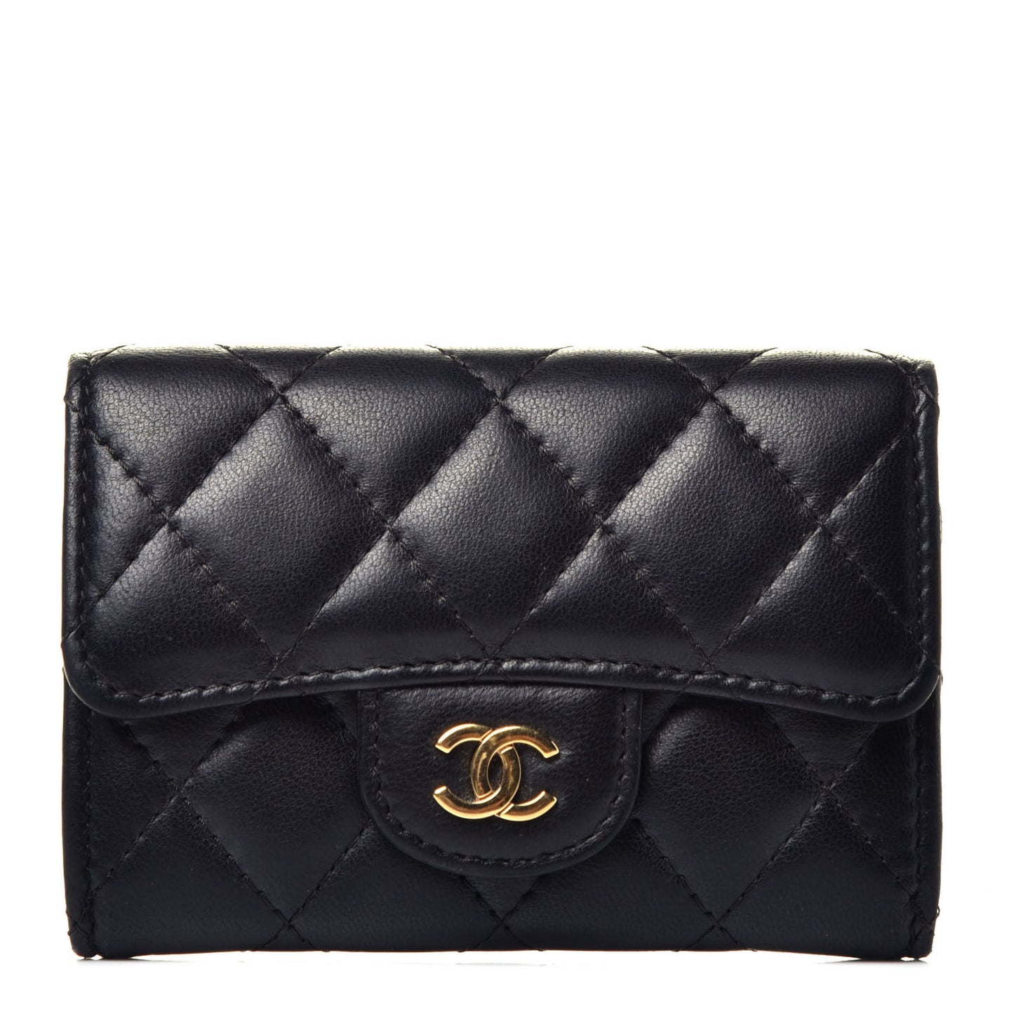Lambskin Quilted Flap Card Holder Black
