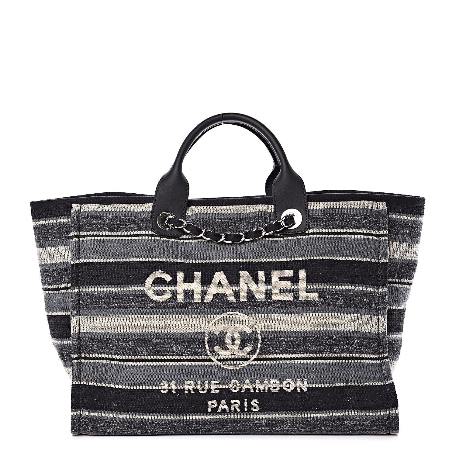 Chanel Striped Canvas Medium Deauville Tote Black 1 of 9