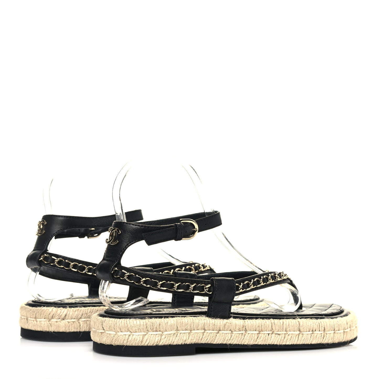 Lambskin Chain CC Thong Espadrille Sandals 37 Black