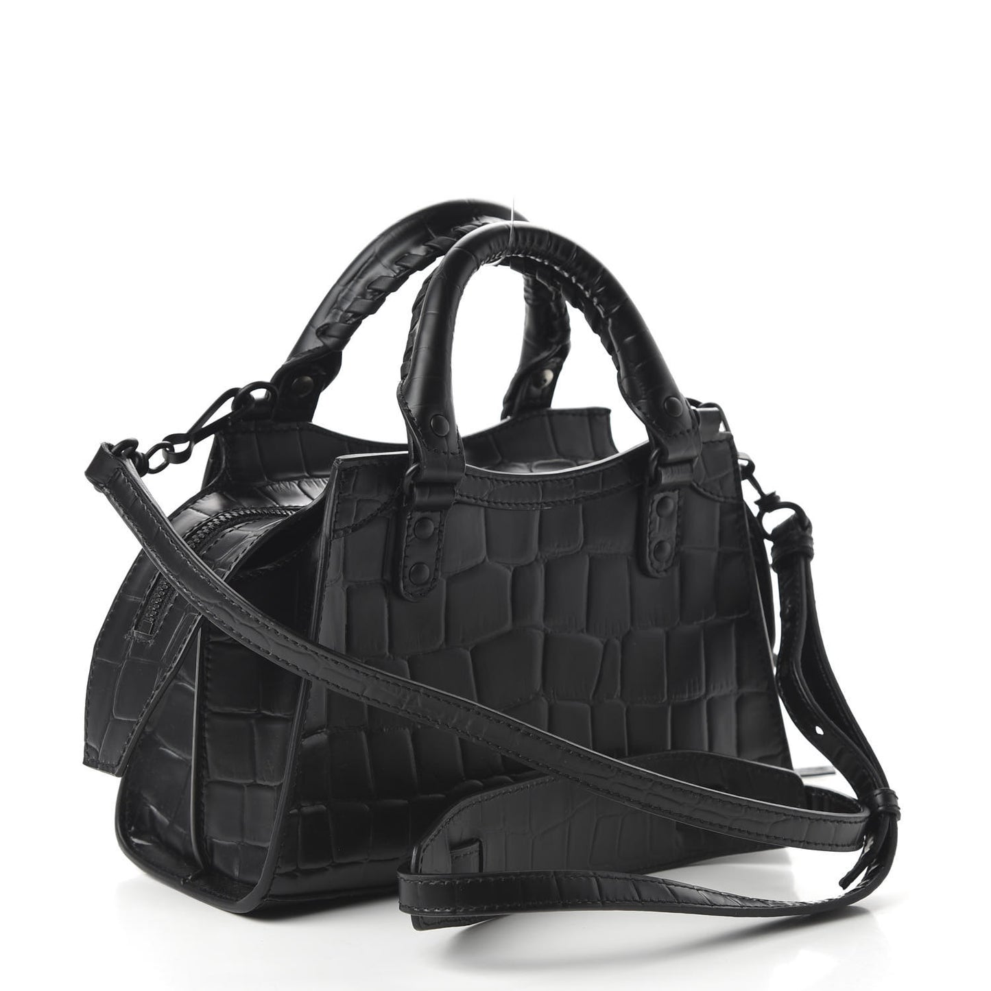 Semi Shiny Calfskin Crocodile Embossed Neo Classic Black Hardware Mini City Black