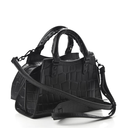 Balenciaga Semi Shiny Calfskin Crocodile Embossed Neo Classic Black Hardware Mini City Black 3 of 8
