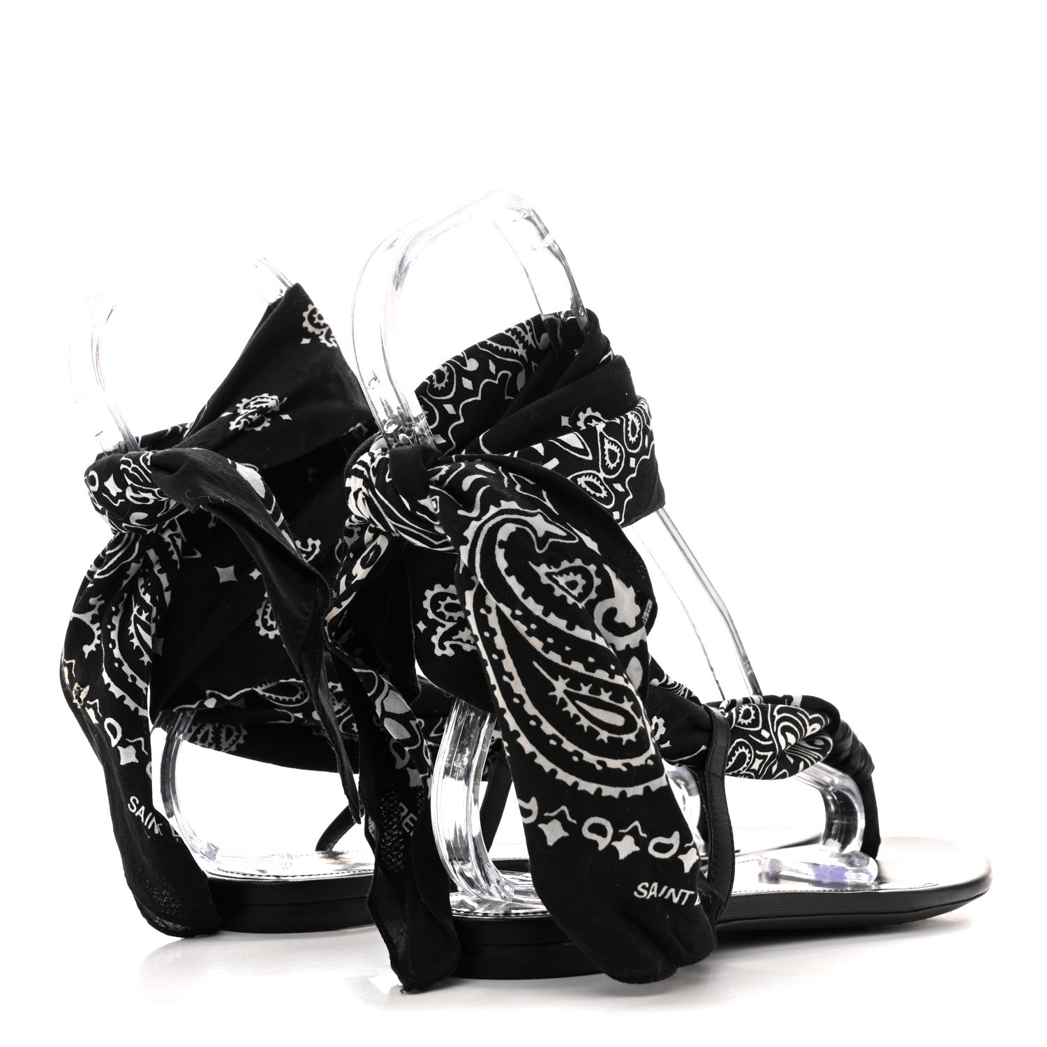 Saint Laurent Calfskin Cotton Paisley Print Flat Sandals 37.5 Black 5 of 9