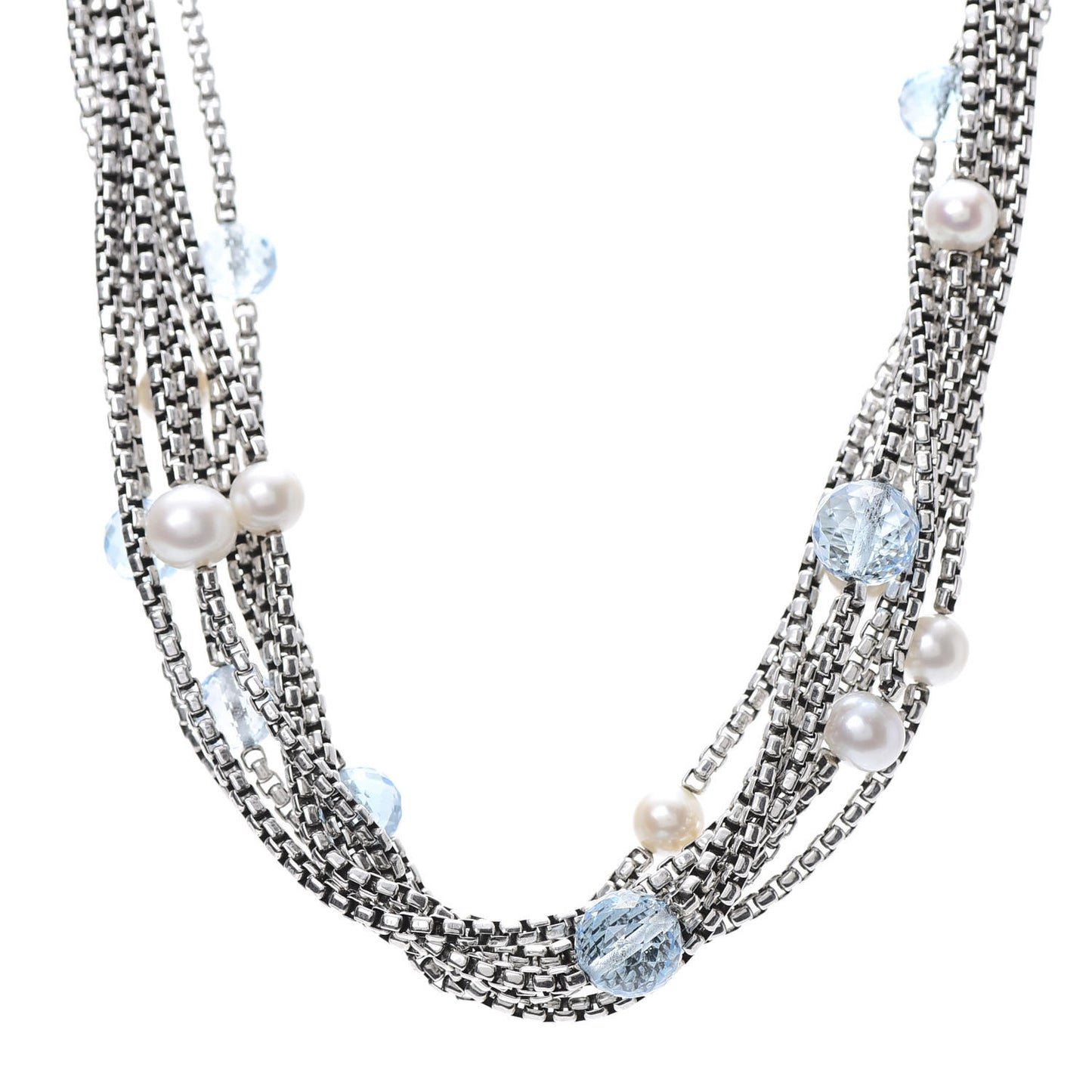 Sterling Silver 18K Yellow Gold Pearl Blue Topaz Multi Strand Necklace
