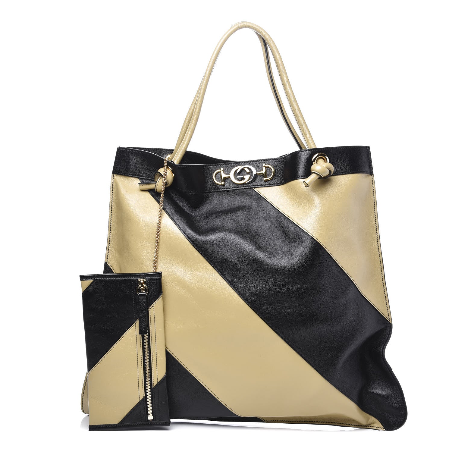 Gucci Smooth Calfskin Diagonal Striped Zumi Tote Black Beige 1 of 13