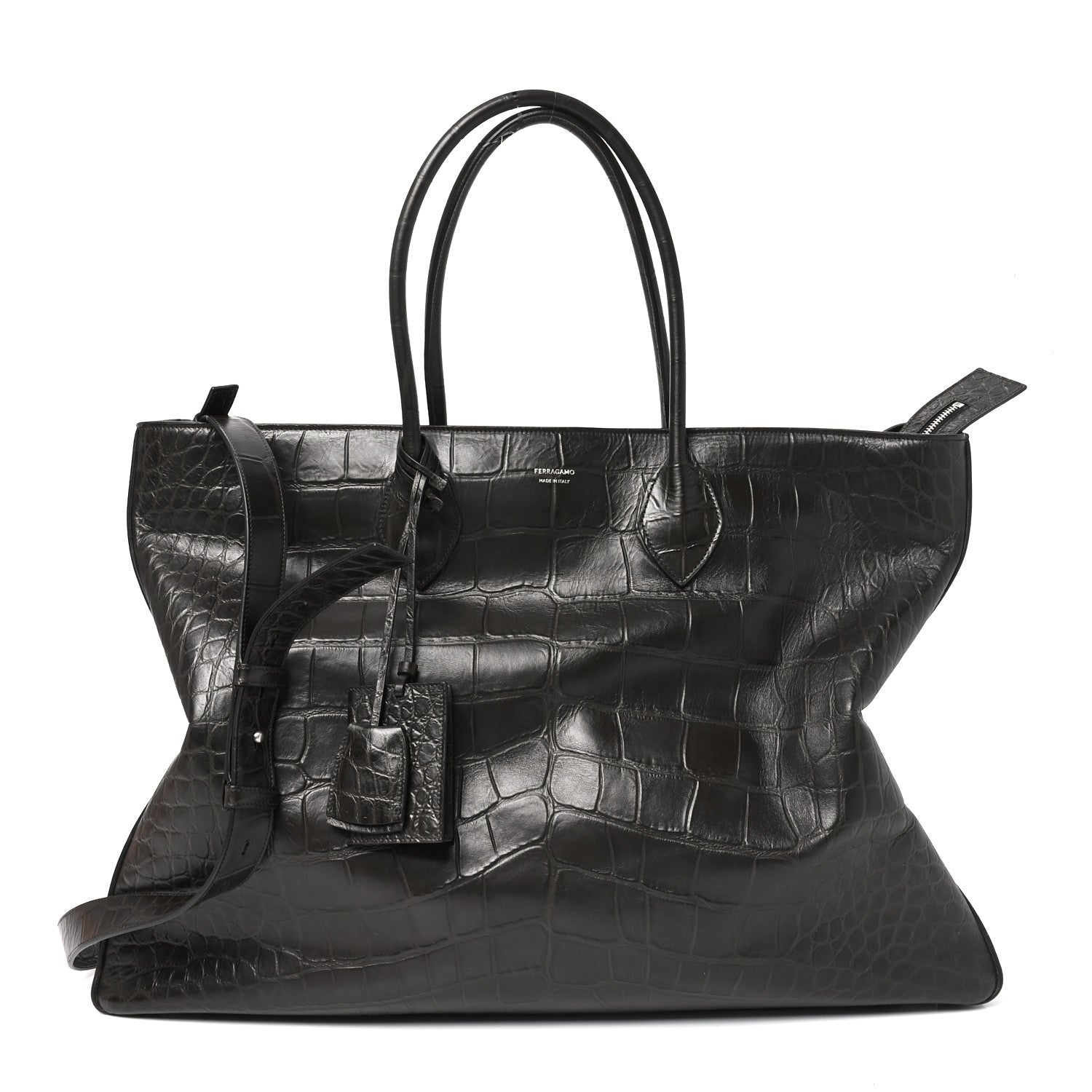 Salvatore Ferragamo Calfskin Crocodile Embossed Large Star Tote Brown 1 of 8