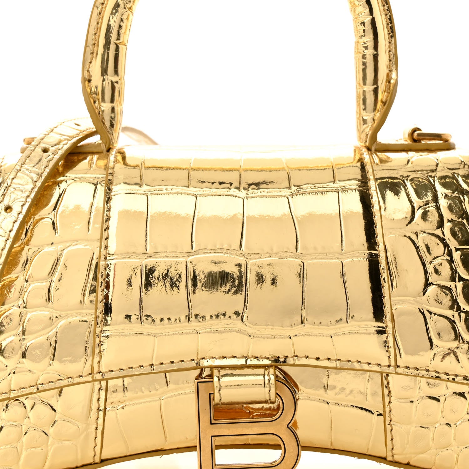 Balenciaga Metallic Calfskin Crocodile Embossed Small Hourglass Top Handle Bag Gold 7 of 9