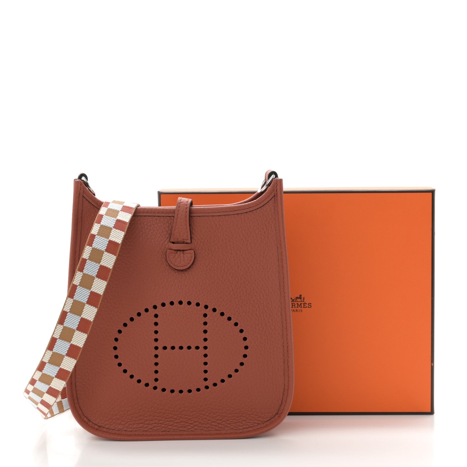 Hermes Taurillon Clemence Maxi Quadrille Evelyne TPM Cuivre Chai Nata Bleu Brume 10 of 10