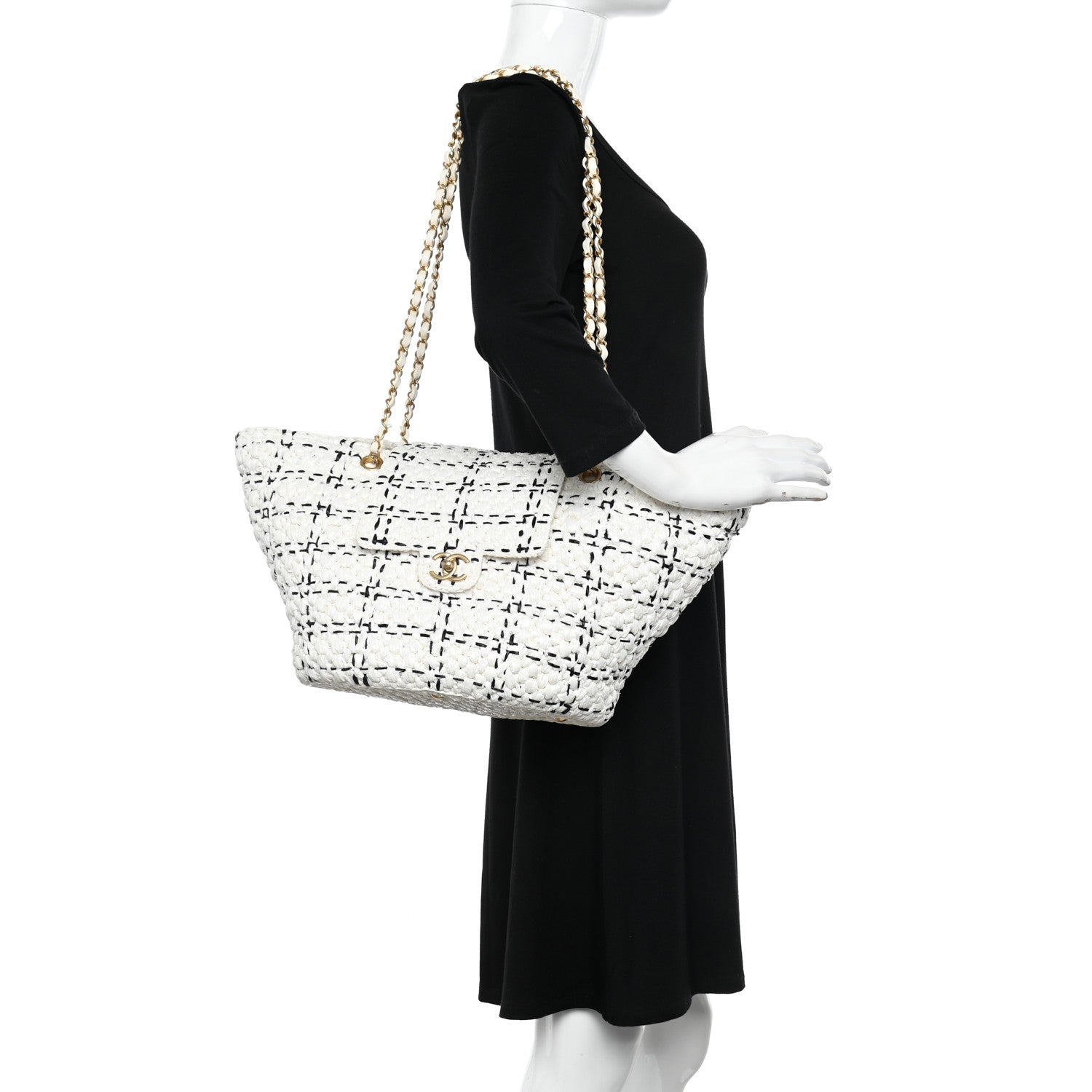 Chanel Raffia Effect Tweed Shopping Tote White Black 2 of 10